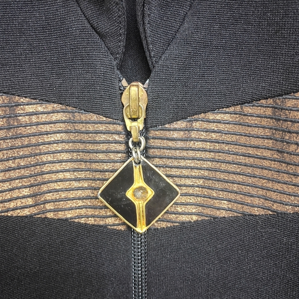 Vintage Black Jacket with Bronze Mesh Accents - Women's Tailored Zip Blazer - Picture 3 of 12